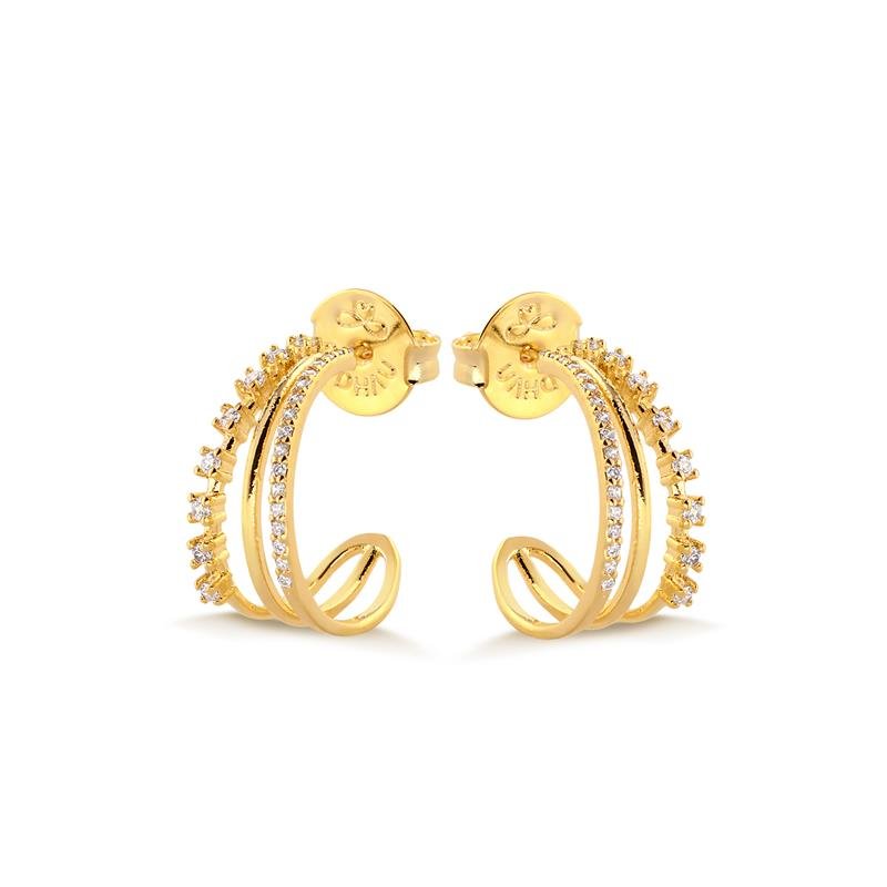 BRINCO MEIA ARGOLA COM ZIRCONIAS MULTIPLAS FOLHEADO A OURO
