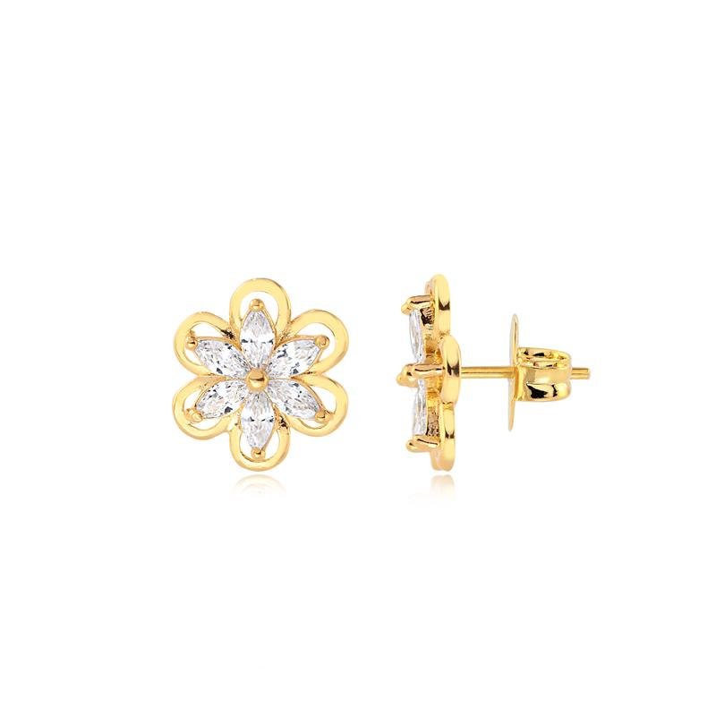 BRINCO FLOR COM PETÁLAS EM ZIRCONIAS CRISTAL FOLHEADO A OURO