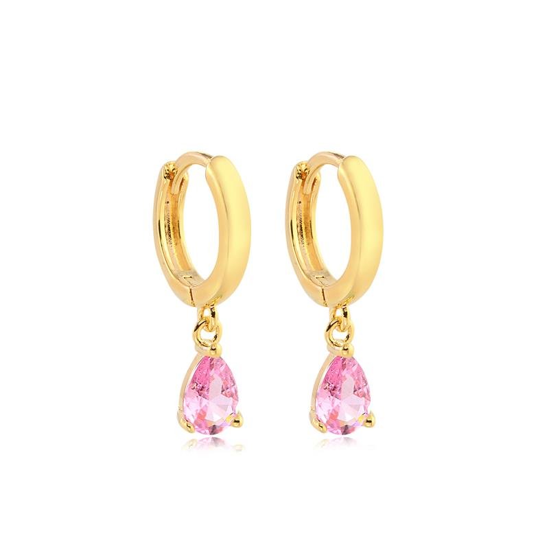 BRINCO ARGOLINHA CLICK COM GOTINHA ZIRCONIA LIGHT PINK FOLHEADO A OURO