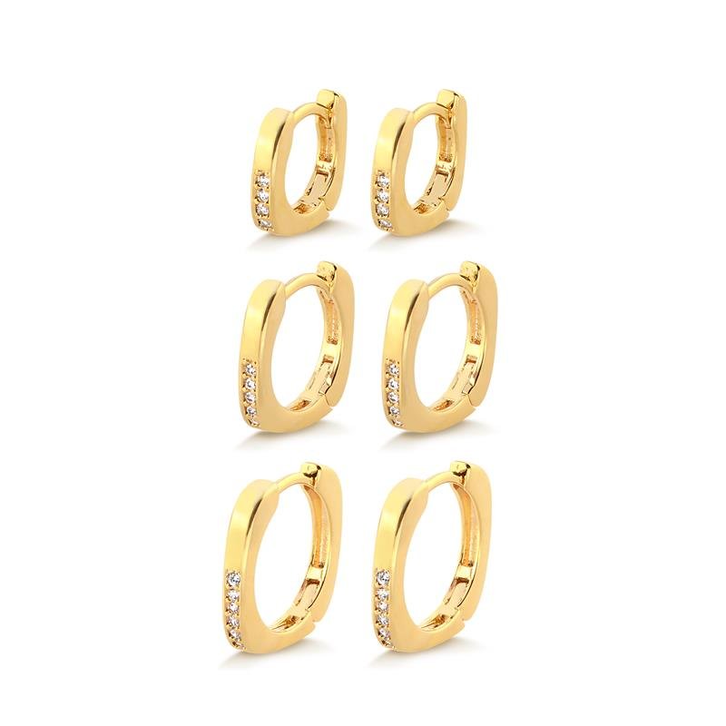 TRIO ARGOLAS CLICK QUADRADAS COM DETALHES EM ZIRCONIAS CRISTAL FOLHEADO A OURO