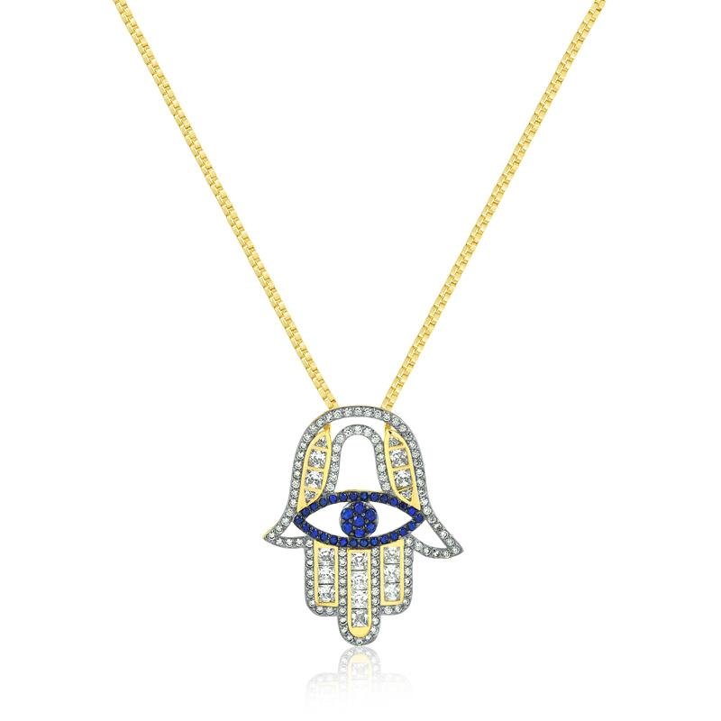 ** ARREMATE ** PINGENTE MÃO DE FÁTIMA COM PEDRAS DE ZIRCÔNIAS CRISTAL E SAFIRA FOLHEADO A OURO