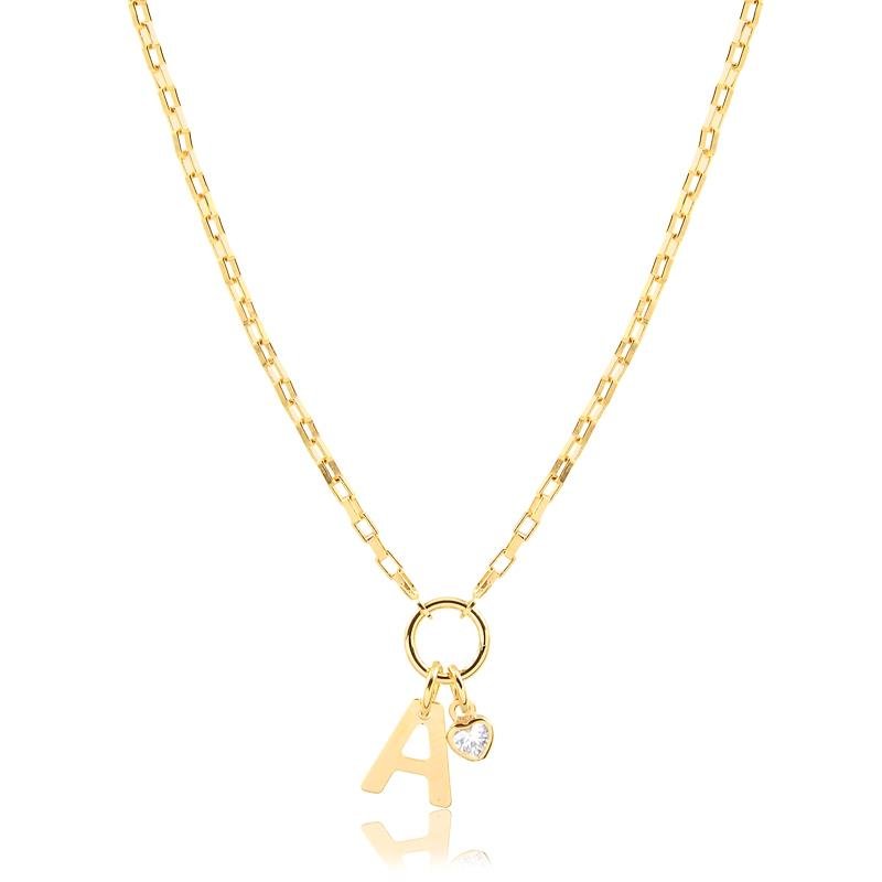GARGANTILHA ELO CARTIER MINI COM LETRA E PONTO DE LUZ FORMATO DE CORAÇÃO FOLHEADO A OURO 40 CM COM EXTENSOR 5 CM