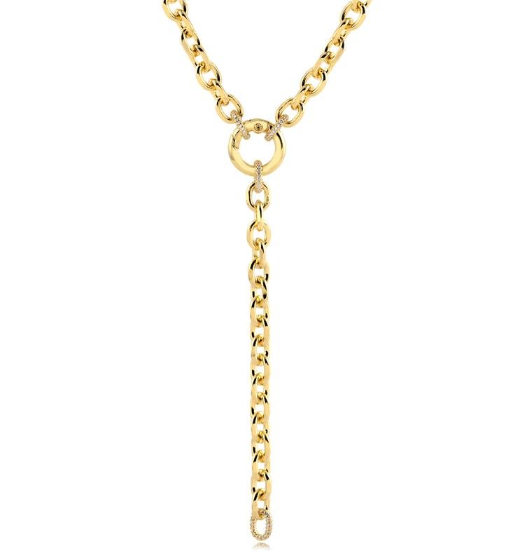 GARGANTILHA GRAVATINHA ELOS GROSSOS COM FECHO ARTICULAR DUAS FORMAS DE USO FOLHEADA A OURO