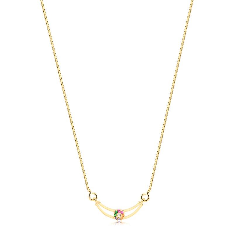 GARGANTILHA CANGA VAZADA COM FLORZINHA MULTICOLOR FOLHEADA A OURO