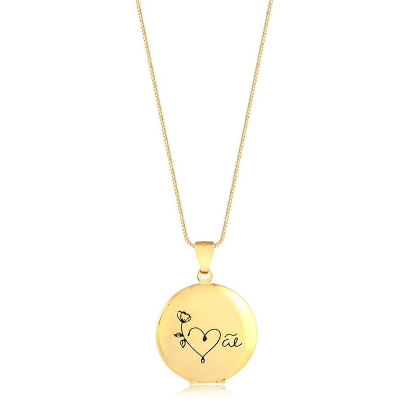 GARGANTILHA RELICÁRIO MÃE 2,5CM COM CONTRA ARGOLA DE CLICK FOLHEADA A OURO