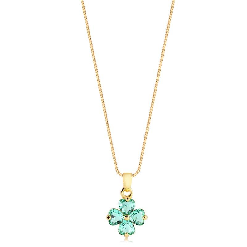 GARGANTILHA FLOR COM PEDRA TURMALINA FOLHEADO A OURO