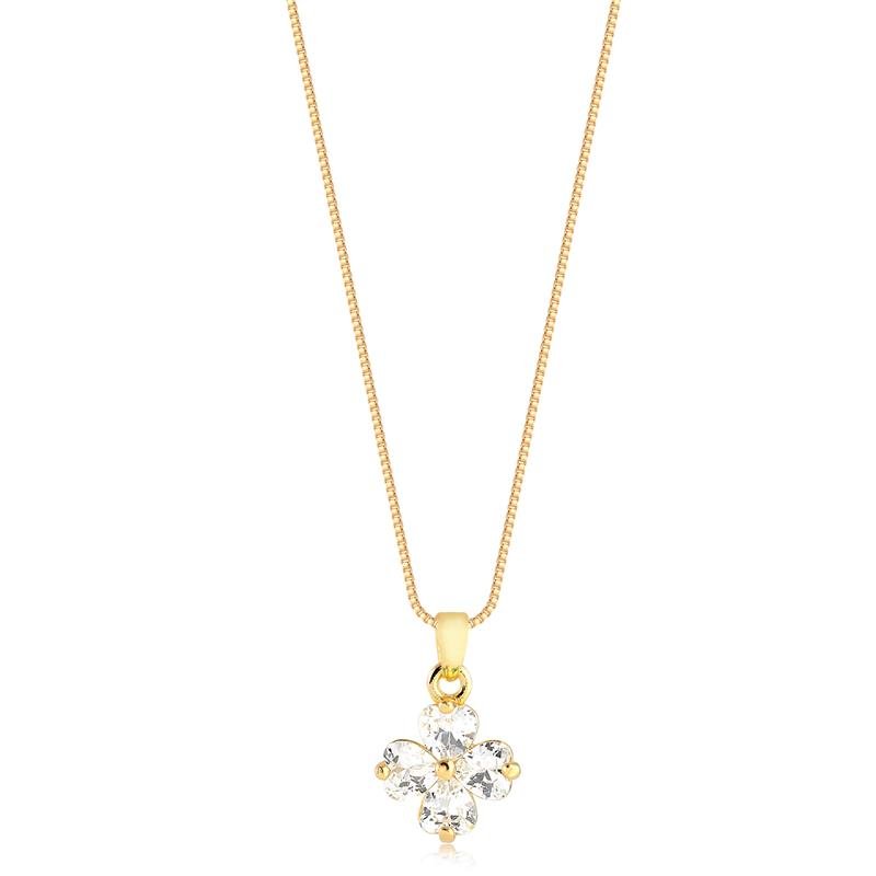 GARGANTILHA FLOR COM PEDRA CRISTAL FOLHEADO A OURO