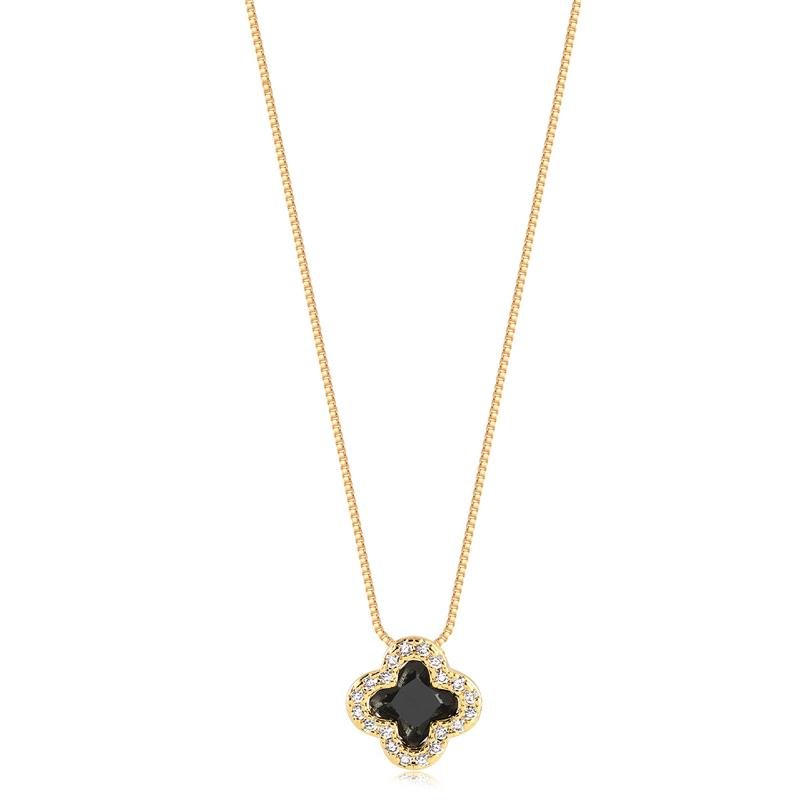 GARGANTILHA TREVO MENOR COM PEDRAS NEGRAS E ZIRCONIAS CRISTAL FOLHEADO A OURO BRUTO