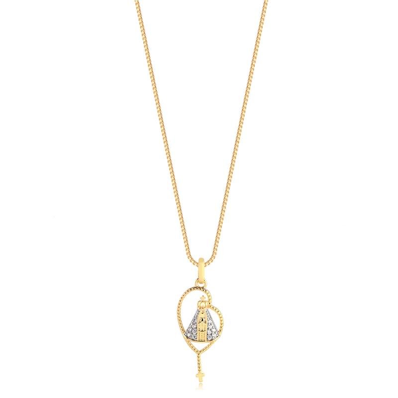 GARGANTILHA PING TERÇO COM NOSSA SENHORA COM ZIRCÔNIAS CRISTAL FOLHEADO A OURO