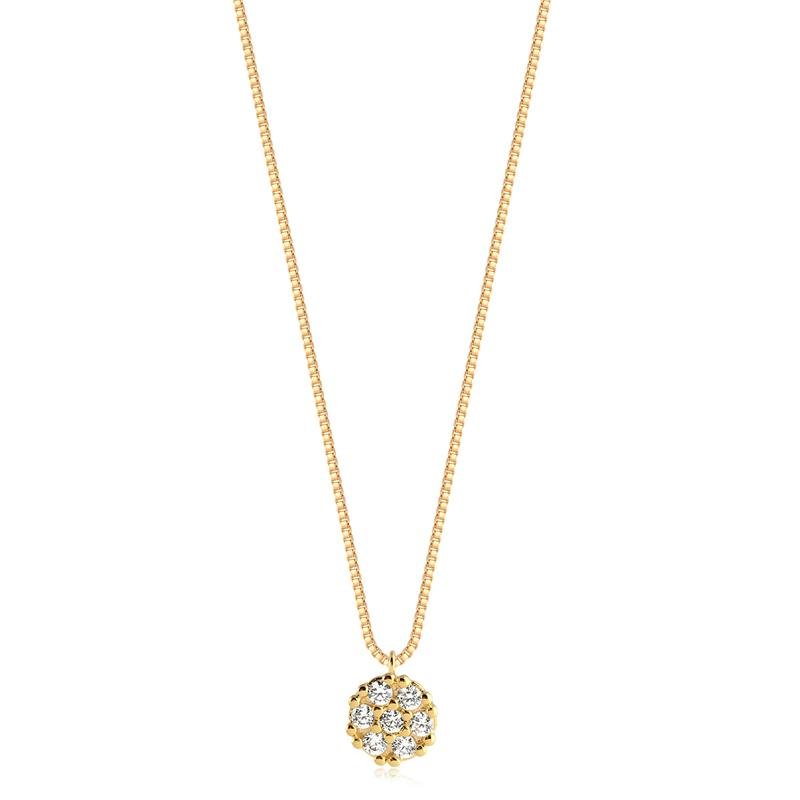 GARGANTILHA PING FLOR REDONDA COM PEDRA CRISTAL FOLHEADO A OURO