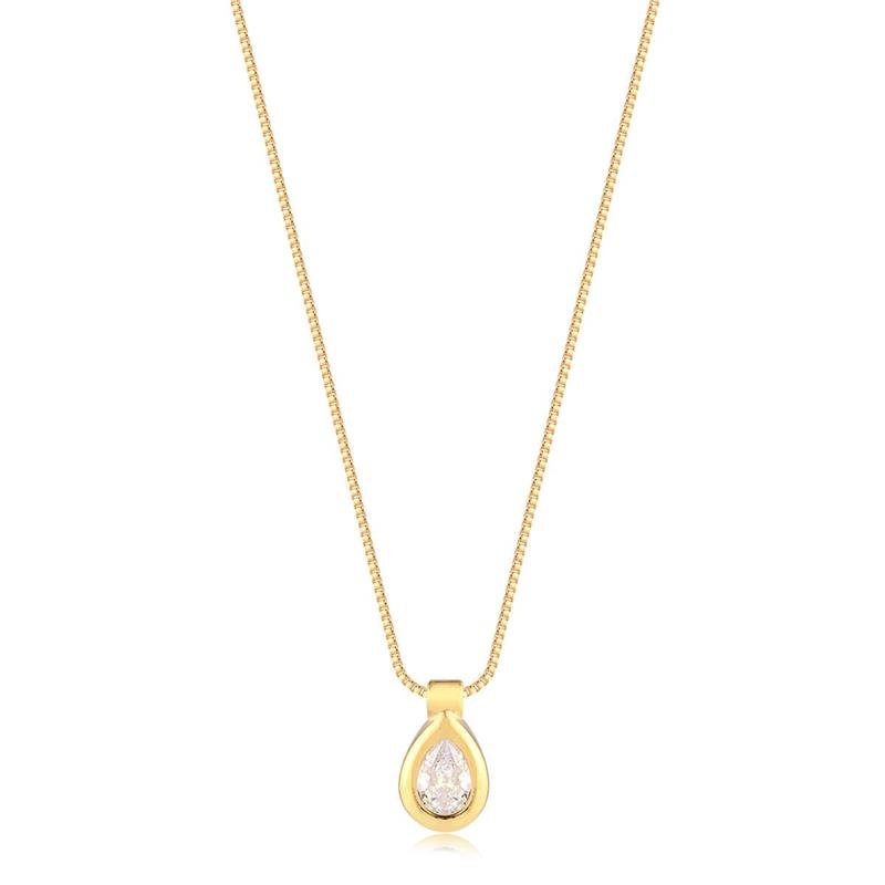 GARGANTILHA PING GOTA COM PEDRA CRISTAL FOLHEADO A OURO