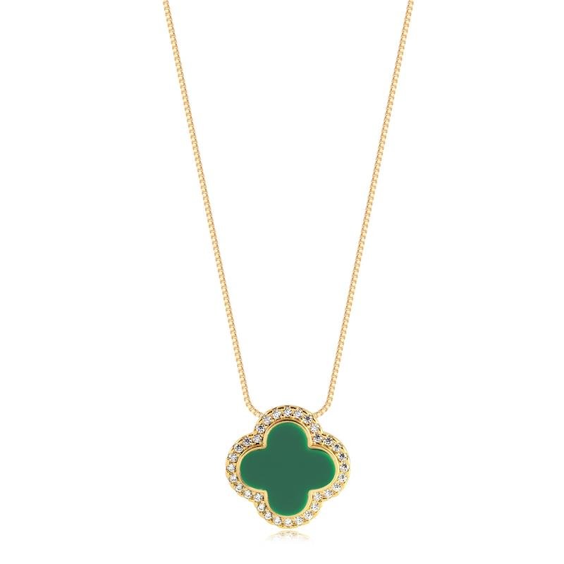GARGANTILHA PING TREVO VERDE COM ZIRCÔNIAS FOLHEADO A OURO