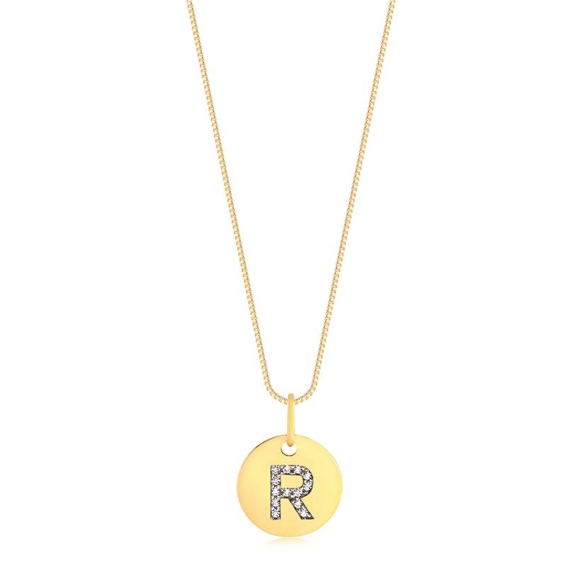 GARGANTILHA PING REDONDO LETRA R CRAVEJADA FOLHEADO A OURO