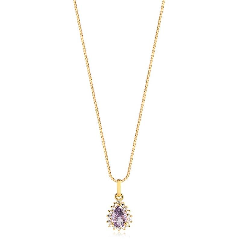 GARGANTILHA GOTINHA COM PEDRA AMESTISTA E ZIRCÔNIAS CRISTAL FOLHEADA A OURO