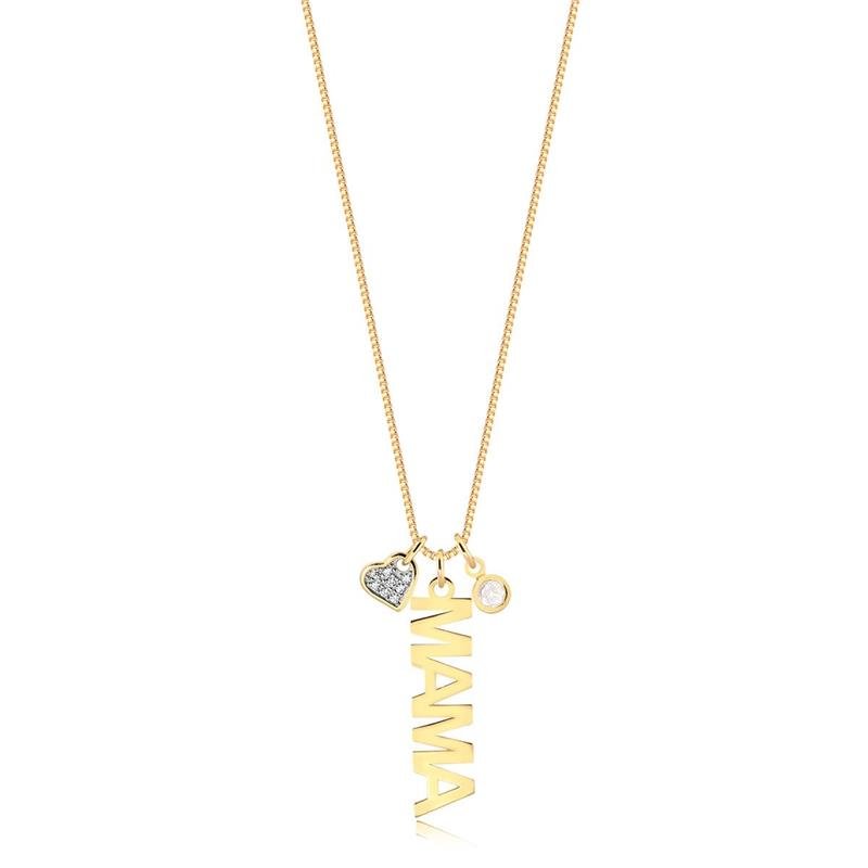 GARGANTILHA PERSONALIZADA MAMA COM PING CORAÇÃO E PONTO DE LUZ FOLHEADO A OURO