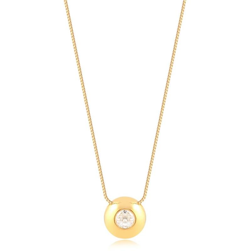 GARGANTILHA PING REDONDO COM PEDRA CRISTAL FOLHEADO A OURO