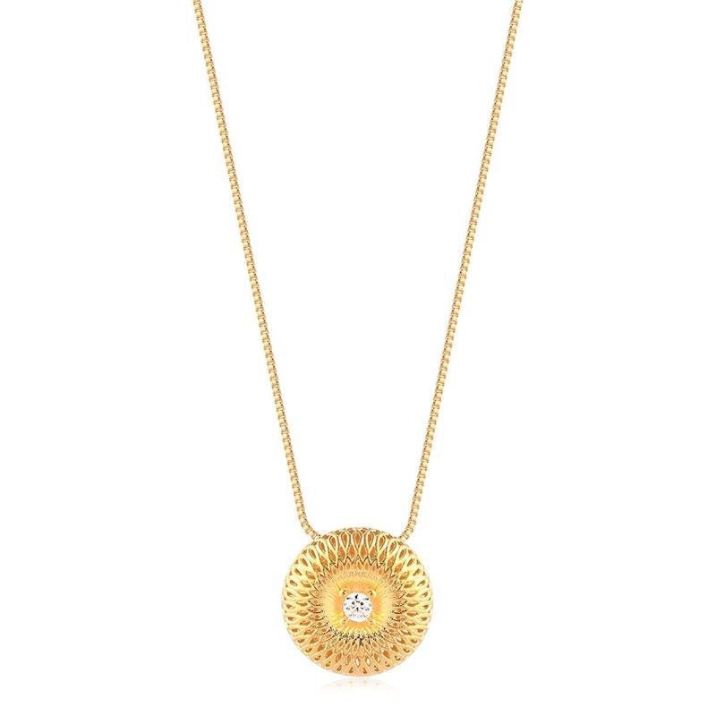 GARGANTILHA PING REDONDO TEXTURIZADO COM ZIRCÔNIA CRISTAL FOLHEADO A OURO