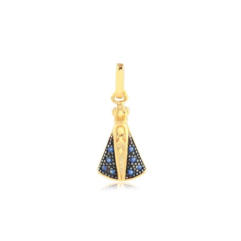 PINGENTE NOSSA SENHORA APARECIDA COM ZIRCÔNIAS SAFIRA FOLHEADO A OURO