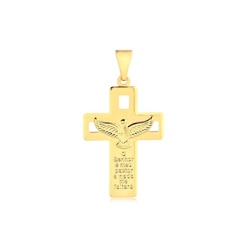 PINGENTE CRUZ ESPIRITO SANTO COM SALMO 23 FOLHEADO A OURO
