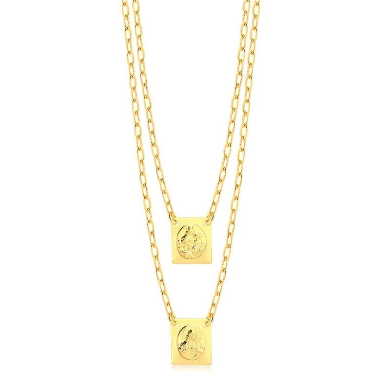 GARGANTILHA ESCAPULÁRIO SAGRADO CORAÇÃO E NOSSA SENHORA FOLHEADO A OURO