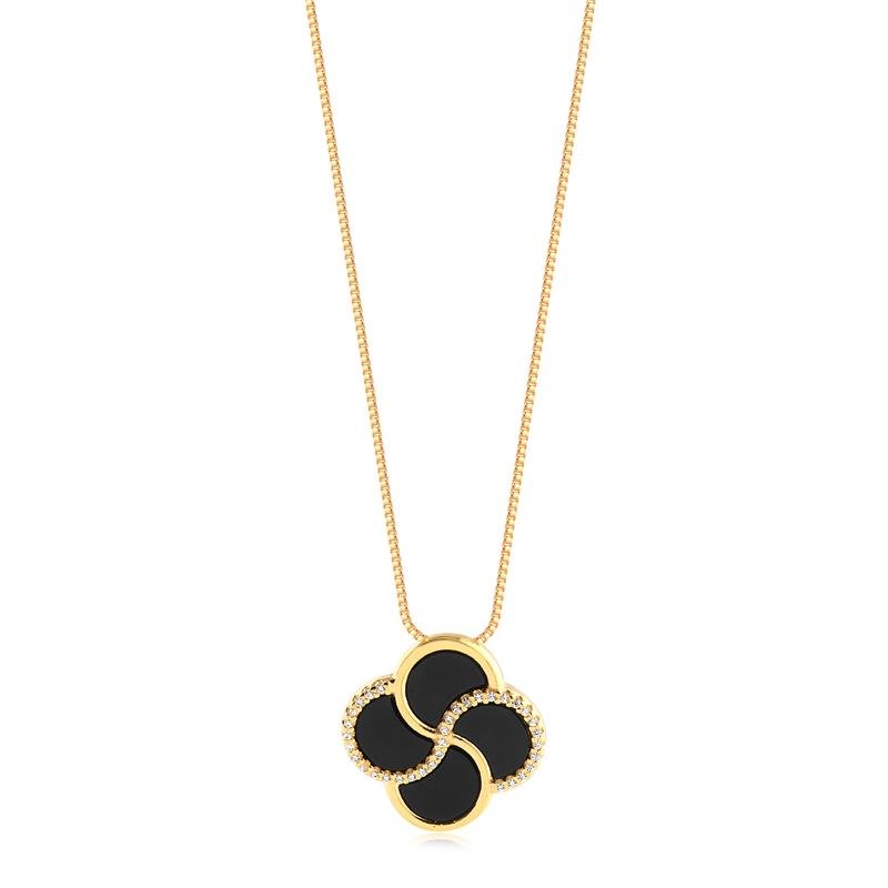 Gargantilha Trevo Acrílico Preto Zircônias Folheada A Ouro