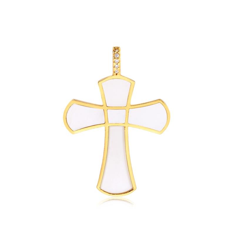 Pingente Crucifixo Grande Madre Pérola Folheado A Ouro