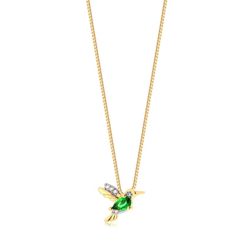 GARGANTILHA VEN.060 PINGENTE BEIJA-FLOR COM PEDRA ESMERALDA FOLHEADO A OURO