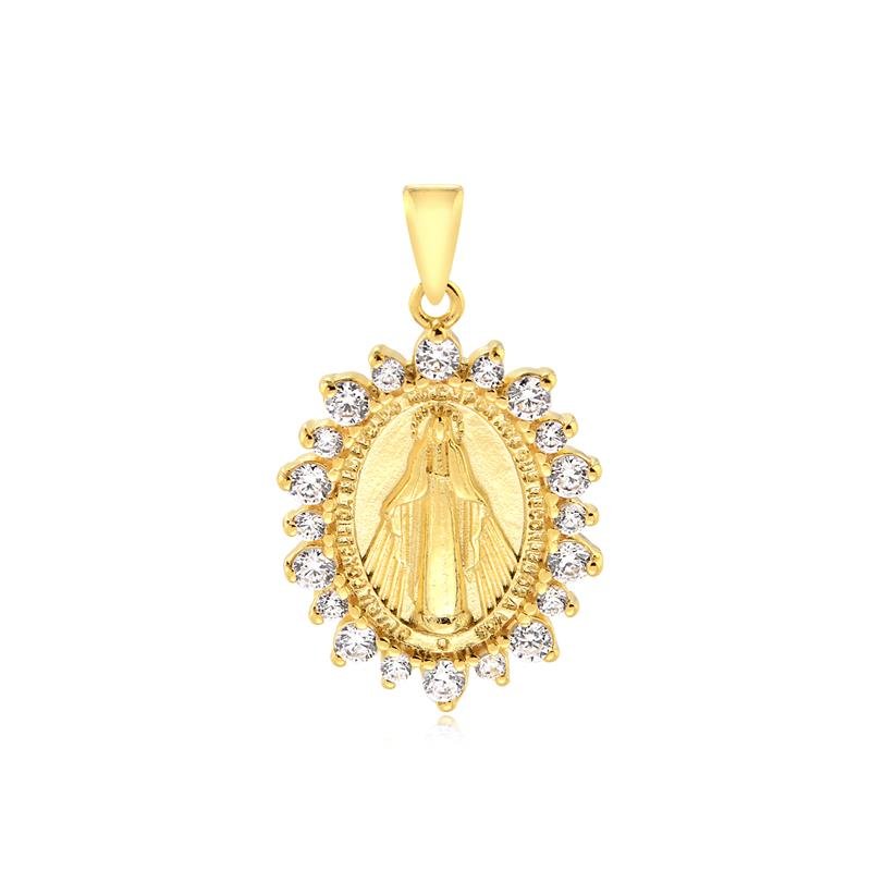 PINGENTE OVAL NOSSA SENHORA COM BORDA CRAVEJADA FOLHEADO A OURO