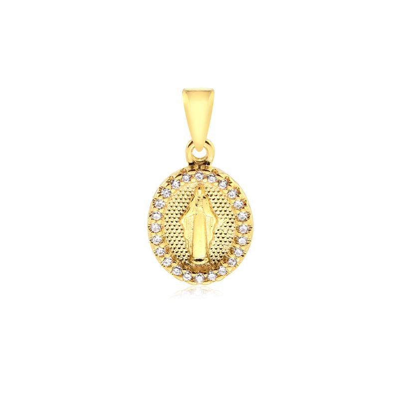 PINGENTE OVAL PEQUENO NOSSA SENHORA COM BORDA CRAVEJADA FOLHEADO A OURO
