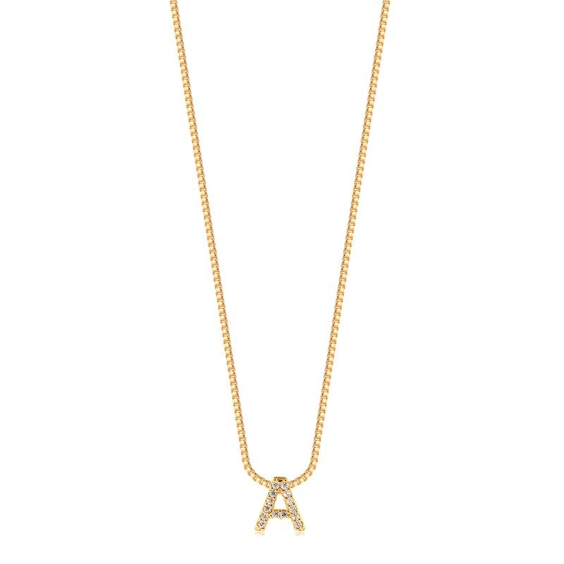 GARGANTILHA MINIMALISTA LETRA A COM PEDRAS DE ZIRCONIAS FOLHEADA A OURO