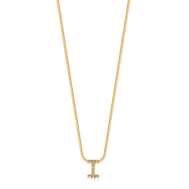 GARGANTILHA MINIMALISTA LETRA I COM PEDRAS DE ZIRCONIAS FOLHEADA A OURO