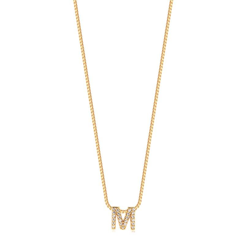 GARGANTILHA MINIMALISTA LETRA M COM PEDRAS DE ZIRCONIAS FOLHEADA A OURO