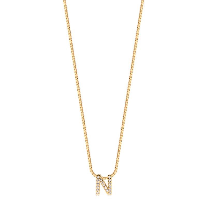GARGANTILHA MINIMALISTA LETRA N COM PEDRAS DE ZIRCONIAS FOLHEADA A OURO