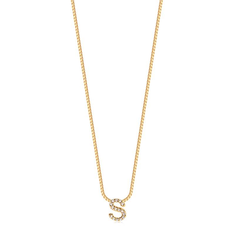 GARGANTILHA MINIMALISTA LETRA S COM PEDRAS DE ZIRCONIAS FOLHEADA A OURO