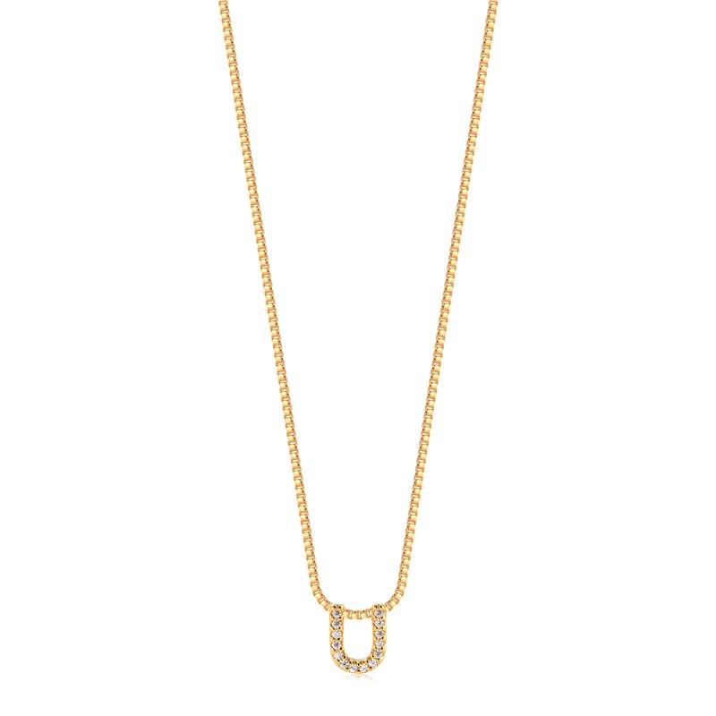 GARGANTILHA MINIMALISTA LETRA U COM PEDRAS DE ZIRCONIAS FOLHEADA A OURO