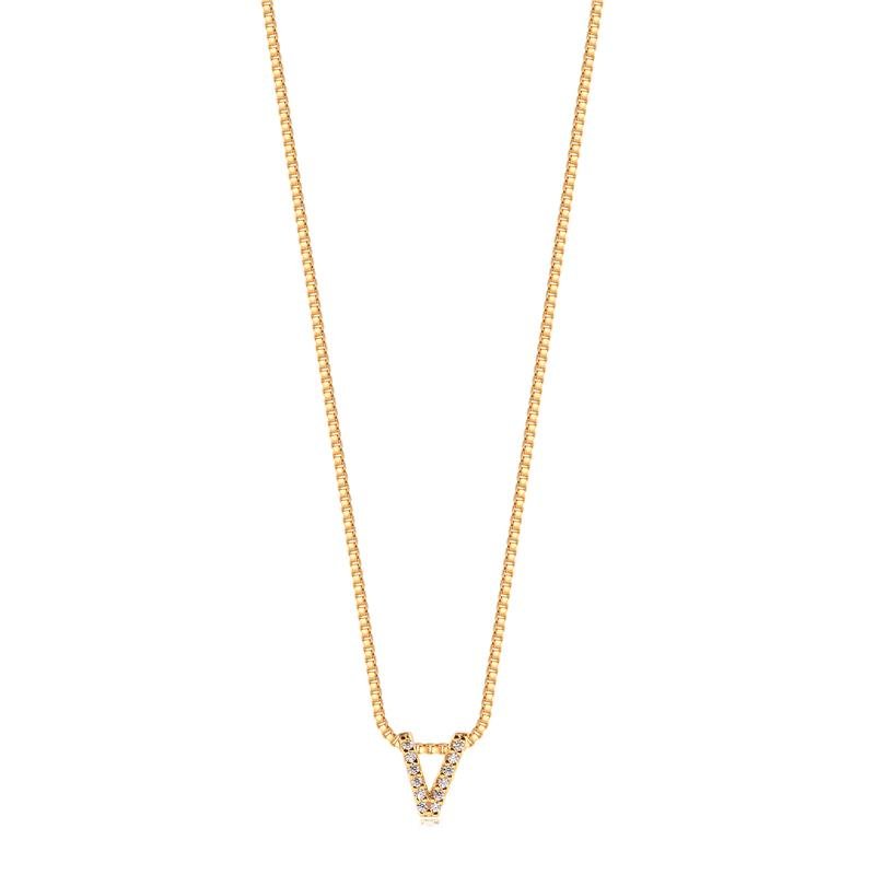 GARGANTILHA MINIMALISTA LETRA V COM PEDRAS DE ZIRCONIAS FOLHEADA A OURO