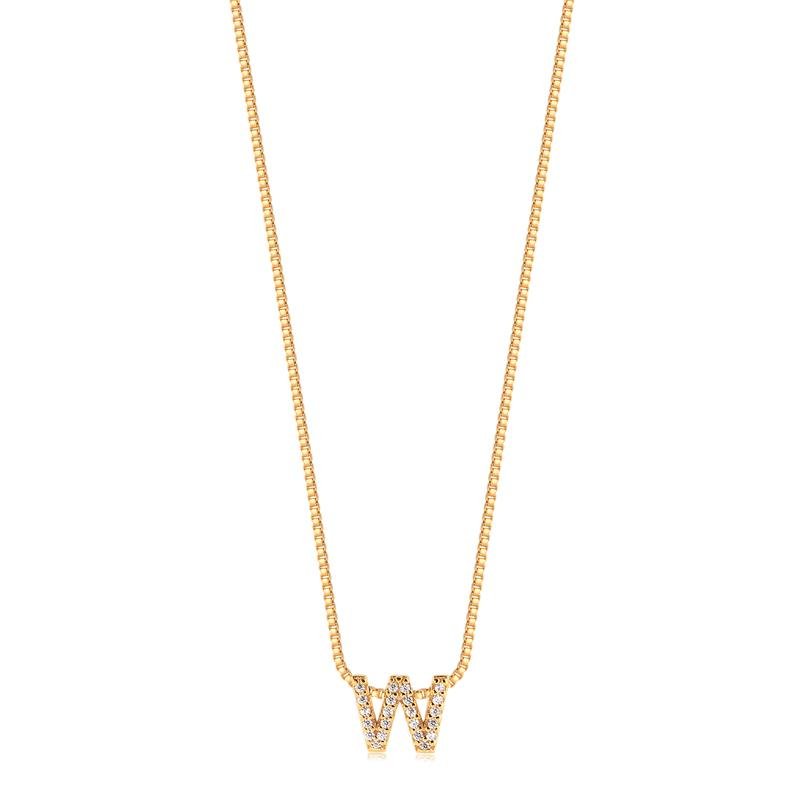 GARGANTILHA MINIMALISTA LETRA W COM PEDRAS DE ZIRCONIAS FOLHEADA A OURO