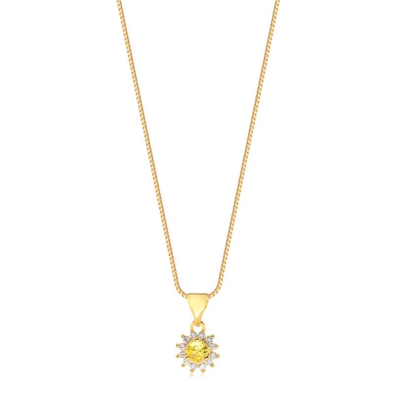 GARGANTILHA PING REDONDINHO COM PEDRAS DE ZIRCONIAS CRISTAL E CITRINO FOLHEADO A OURO