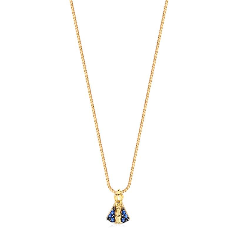 GARGANTILHA MINI NOSSA SENHORA COM PEDRAS DE ZIRCONIAS SAFIRA FOLHEADA A OURO