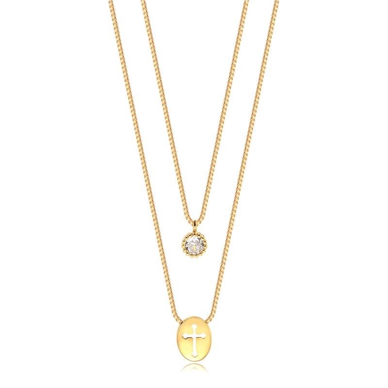 GARGANTILHA ESCAPULARIO COM MEDALHA DE CRUZ E PONTO DE LUZ CRISTAL FOLHEADA A OURO