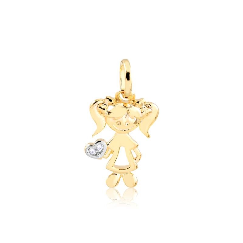 PINGENTE MENININHA COM DUAS PEDRAS DE ZIRCÔNIA FOLHEADO A OURO