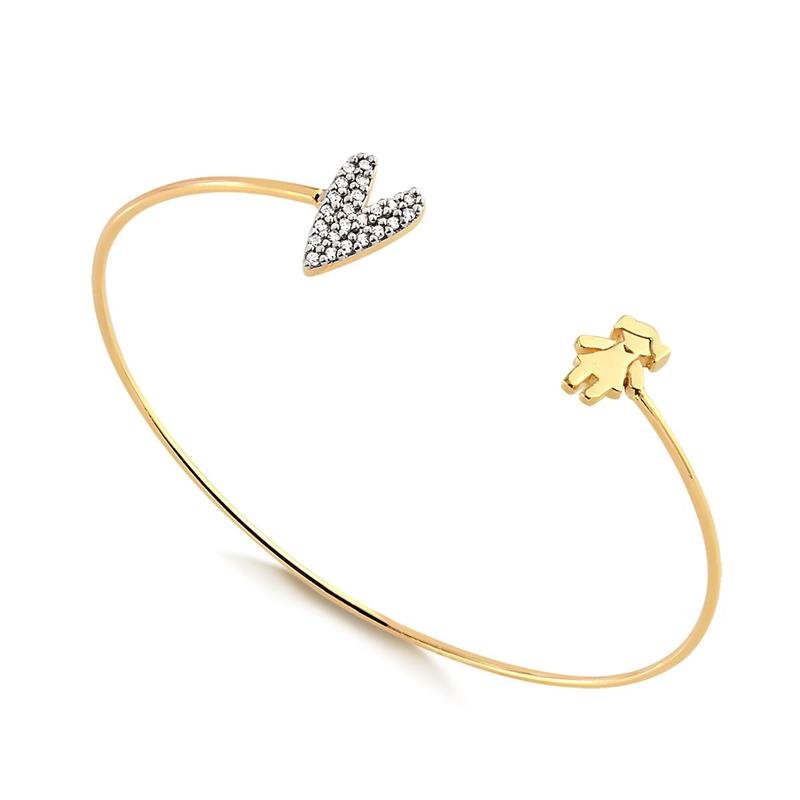 BRACELETE FIO COM MENINA E CORAÇÃO CRAVEJADO FOLHEADO A OURO