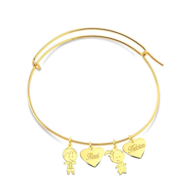 BRACELETE FIO C/ 4 PINGENTES FILHOS (A ESCOLHER) E 2 CORAÇÕES PERSONALIZÁVEIS FOLHEADO A OURO