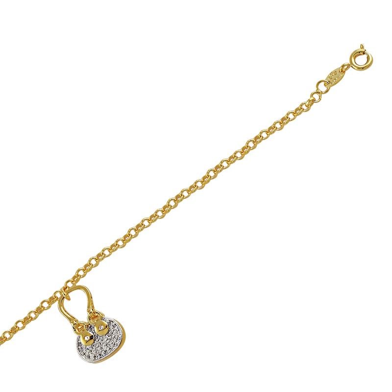 PULSEIRA ELO PORTUGUÊS COM PINGENTE BOLSA FOLHEADO A OURO E PEDRAS DE ZIRCÔNIA
