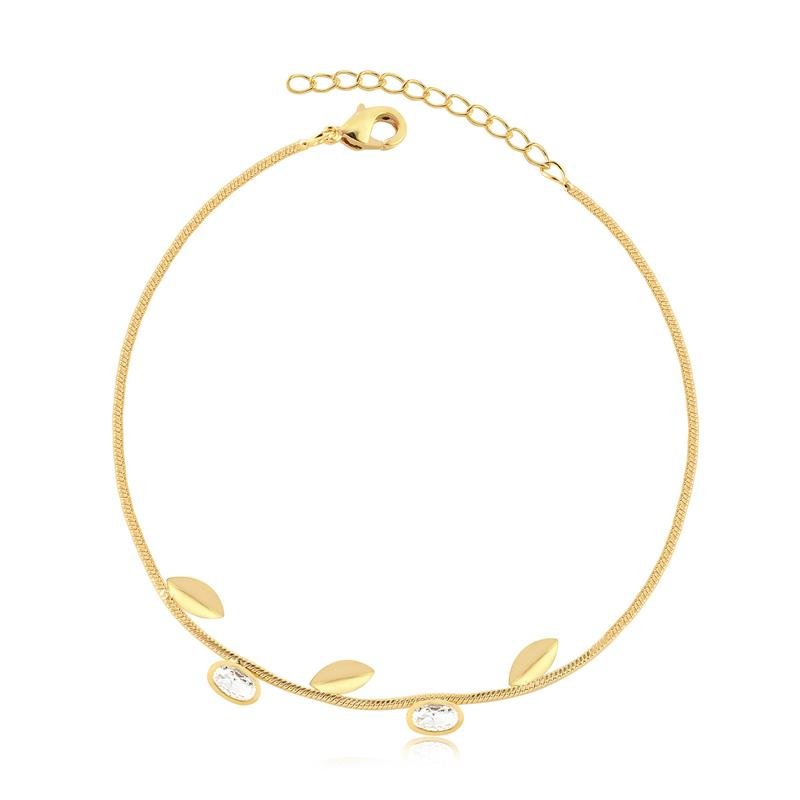 PULSEIRA FOLHAS COM ZIRCÔNIAS E CORRENTE RABO DE RATO FOLHEADO A OURO