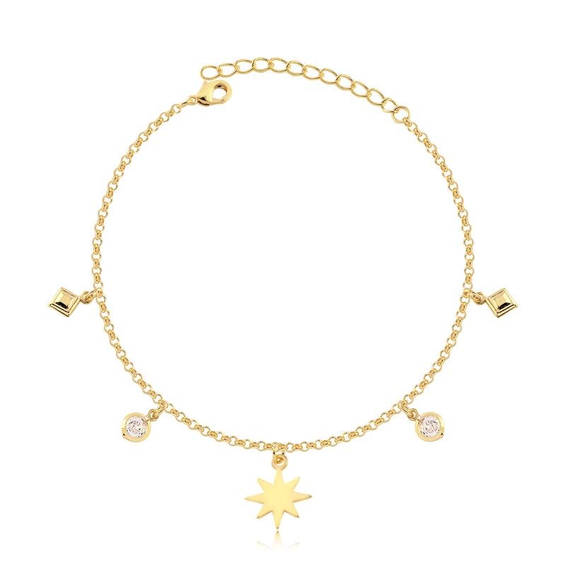 PULSEIRA PINGENTE ESTRELA E PONTOS DE LUZ FOLHEADO A OURO