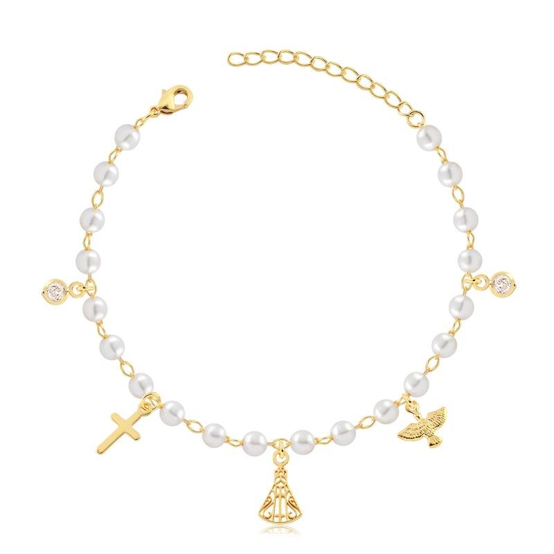 PULSEIRA PEROLAS COM PING RELIGIOSOS FOLHEADO A OURO