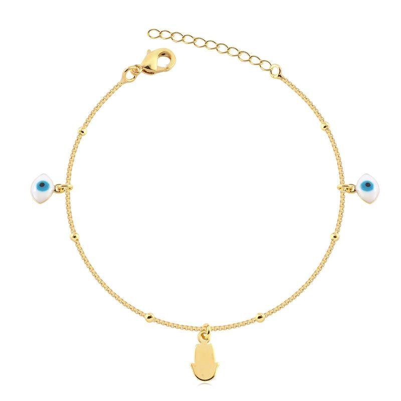 PULSEIRA MÃOZINHA DE FÁTIMA COM OLHO GREGO FOLHEADO A OURO