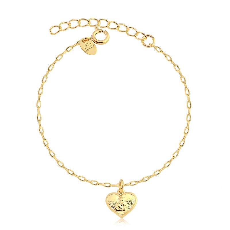 PULSEIRA INFANTIL CORAÇÃO COM SANTO ANJO FOLHEADO A OURO