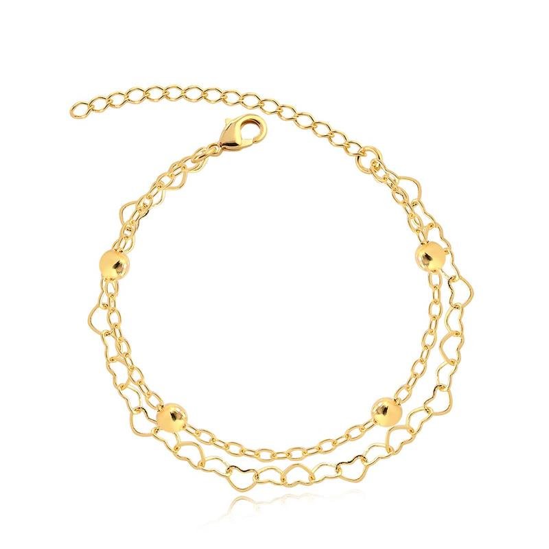 PULSEIRA DUPLA CORAÇÃO E ELO DE BOLINHAS FOLHEADA A OURO 16